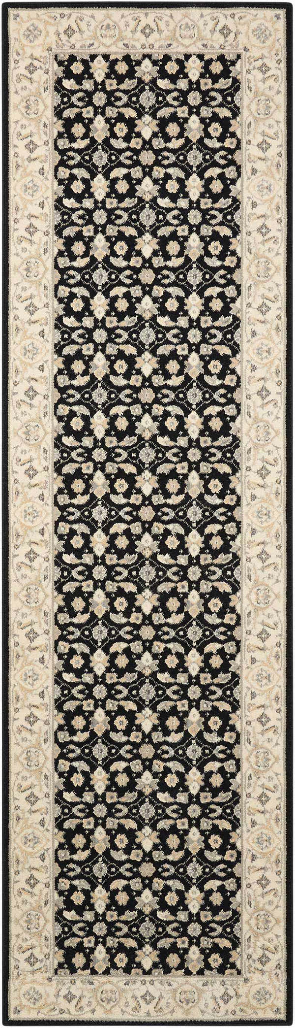Close-up of the Nourison Persian Empire Black Persian rug, showcasing its floral pattern and ivory border.