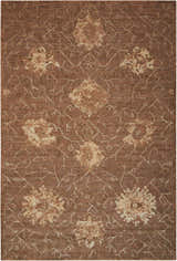 Close-up of Nourison Silken Allure Chocolate rug. Brown wool rug with floral and geometric pattern. Handmade area rug.