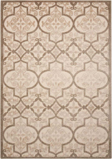 Close-up of the Nourison Aloha Cream Bohemian Area Rug featuring a cream and beige geometric trellis pattern.