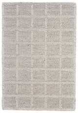 Close-up of Feizy Berkeley rug. Hand-woven wool rug with interlocking checkered texture in ivory and gray. Design-Rectangle