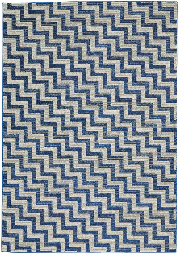 Feizy Brixton Modern Chevron area rug featuring a geometric zigzag pattern in blue, ivory, and gray. Design-Rectangle
