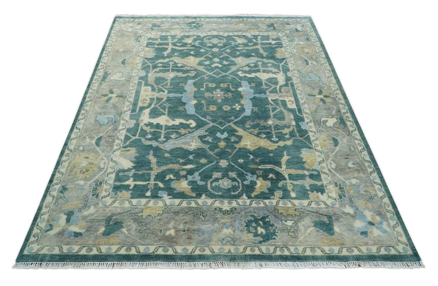 Hand Knotted Oriental Oushak Teal and Beige Multi Size Wool Area Rug