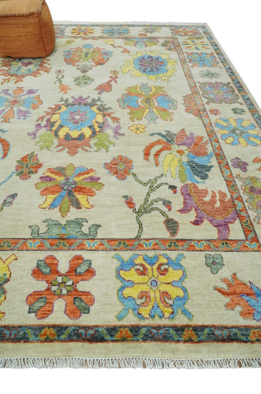 Vibrant colorful Beige And Rust Hand Knotted Traditional Oushak wool Area Rug