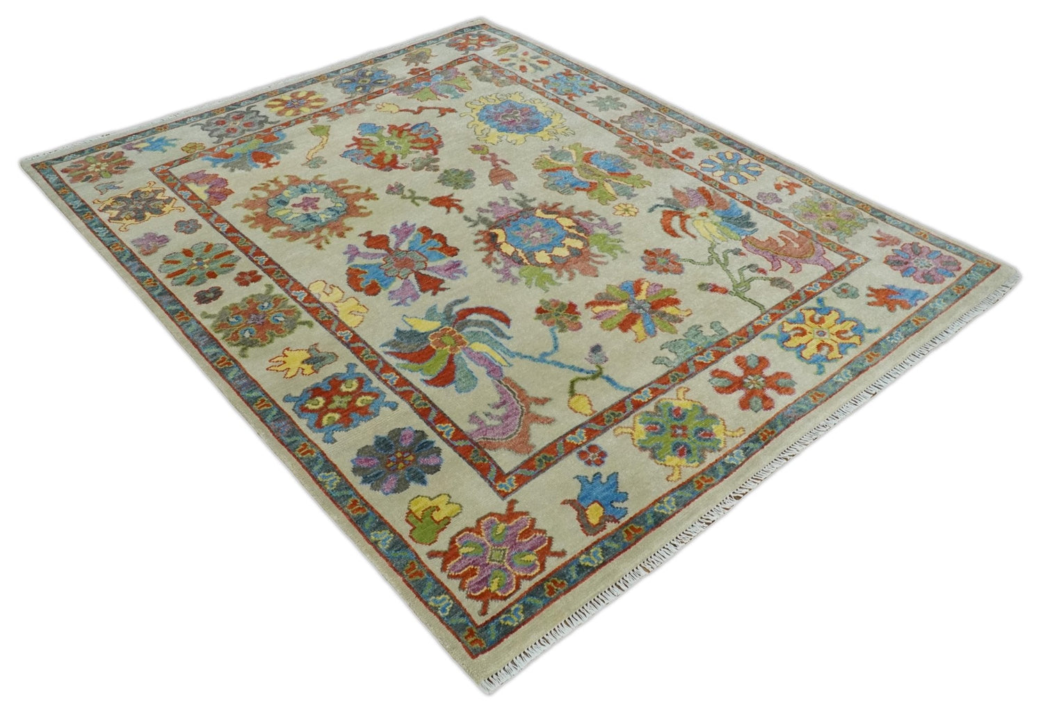 Custom Made Hand Knotted Beige with multicolor Traditional Oushak Wool area Rug