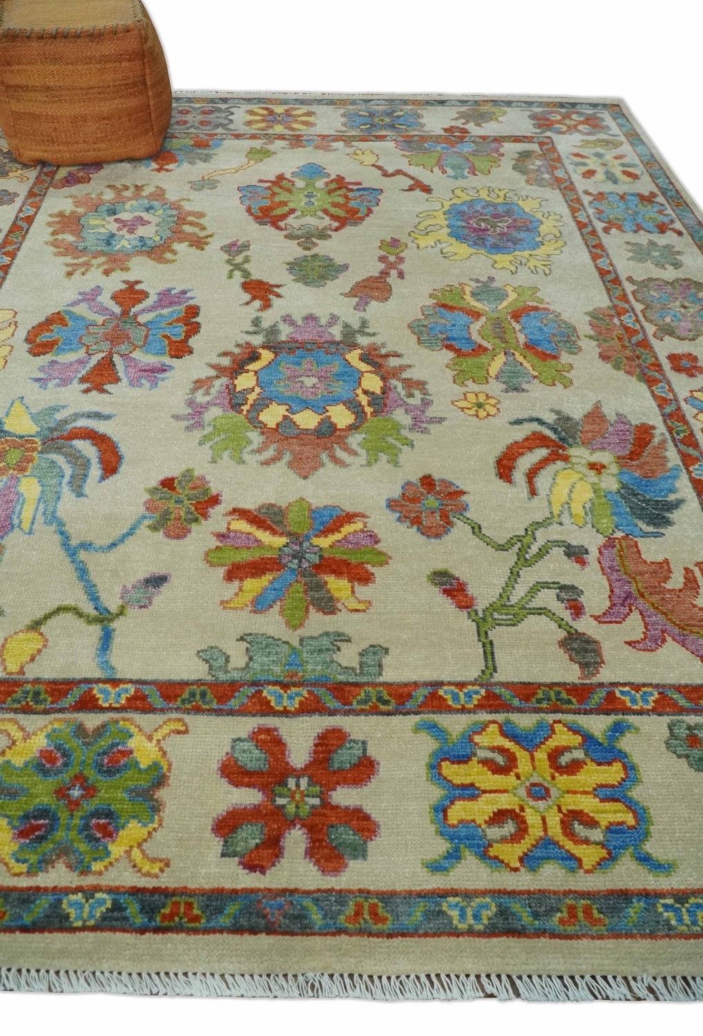 Custom Made Hand Knotted Beige with multicolor Traditional Oushak Wool area Rug