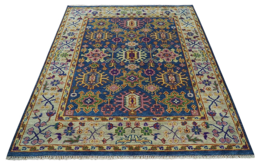 Hand Knotted Blue and Beige Persian Oushak Wool Rug