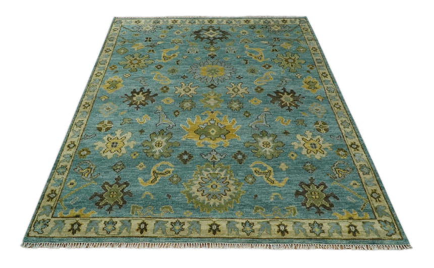 Hand Knotted Teal and Gold Traditional Oushak Multi Size Wool Area Rug