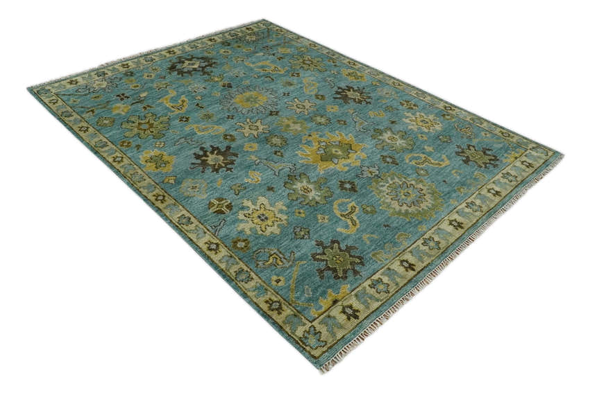 Hand Knotted Teal and Gold Traditional Oushak Multi Size Wool Area Rug