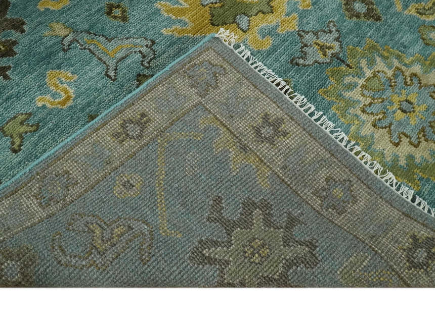 Hand Knotted Teal and Gold Traditional Oushak Multi Size Wool Area Rug