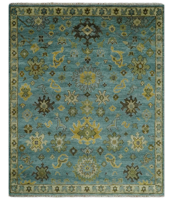Hand Knotted Teal and Gold Traditional Oushak Multi Size Wool Area Rug