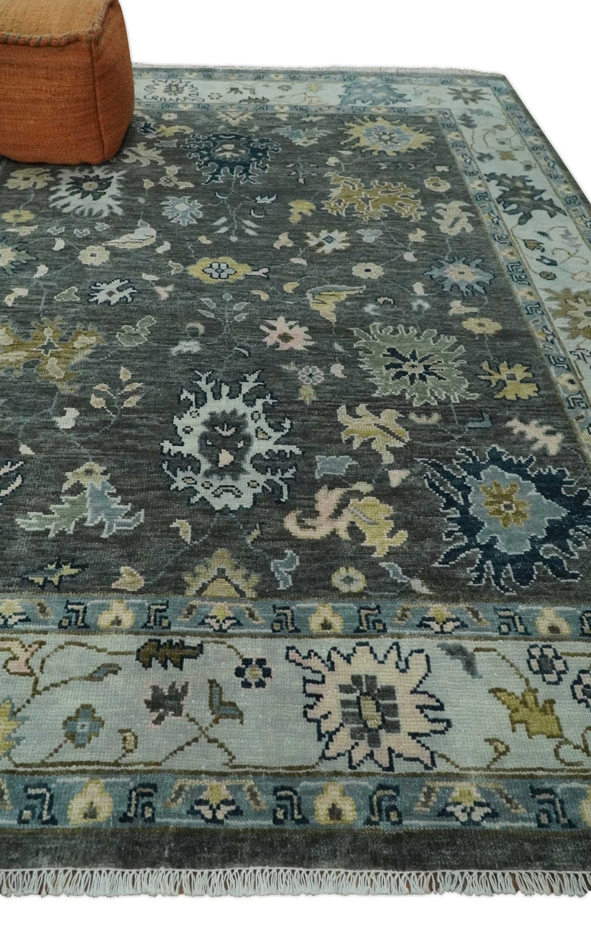 Custom Made Hand Knotted Charcoal and Ivory Traditional Oushak Wool Area Rug