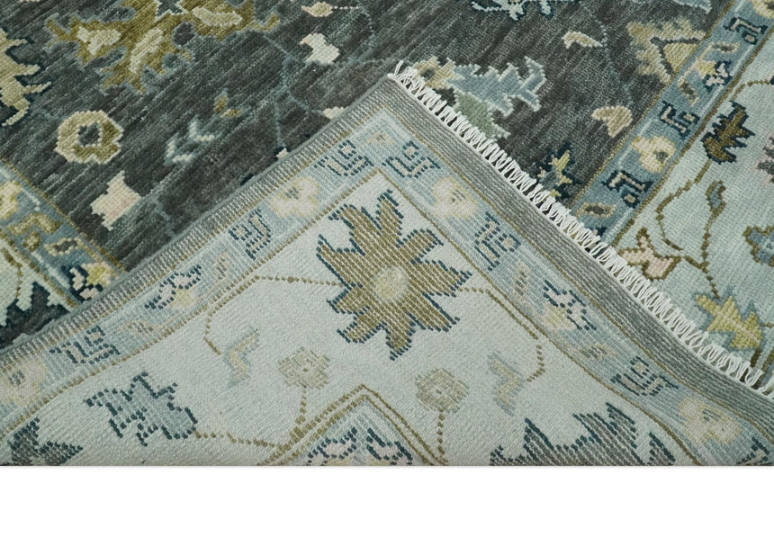 Custom Made Hand Knotted Charcoal and Ivory Traditional Oushak Wool Area Rug