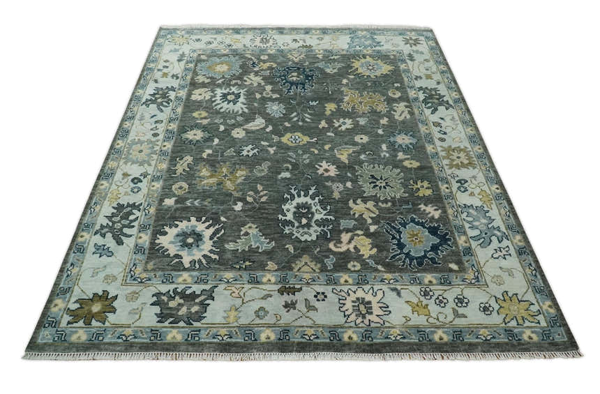 Custom Made Hand Knotted Charcoal and Ivory Traditional Oushak Wool Area Rug