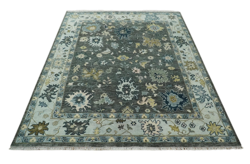 Custom Made Hand Knotted Charcoal and Ivory Traditional Oushak Wool Area Rug
