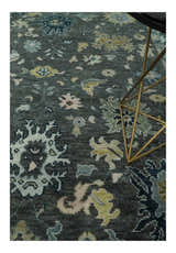 Custom Made Hand Knotted Charcoal and Ivory Traditional Oushak Wool Area Rug