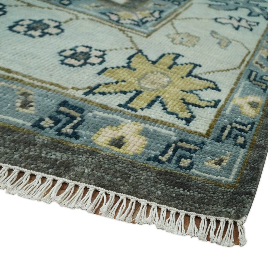 Custom Made Hand Knotted Charcoal and Ivory Traditional Oushak Wool Area Rug