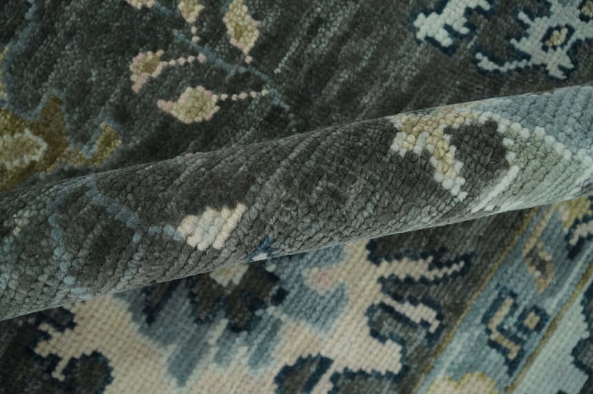 Custom Made Hand Knotted Charcoal and Ivory Traditional Oushak Wool Area Rug