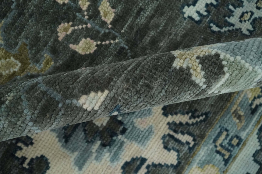 Custom Made Hand Knotted Charcoal and Ivory Traditional Oushak Wool Area Rug