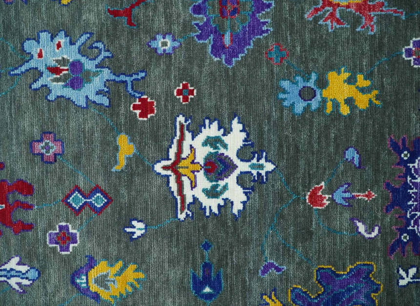 Hand Knotted Charcoal and Ivory Traditional Persian Oushak Wool Rug