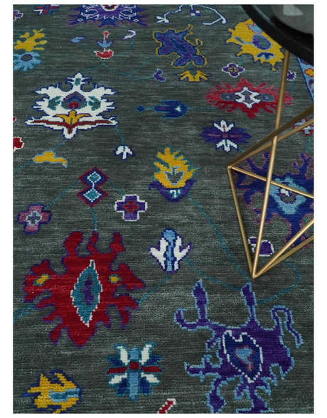 Hand Knotted Charcoal and Ivory Traditional Persian Oushak Wool Rug