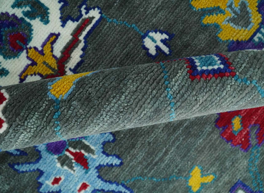 Hand Knotted Charcoal and Ivory Traditional Persian Oushak Wool Rug