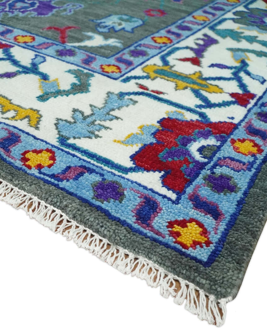 Hand Knotted Charcoal and Ivory Traditional Persian Oushak Wool Rug