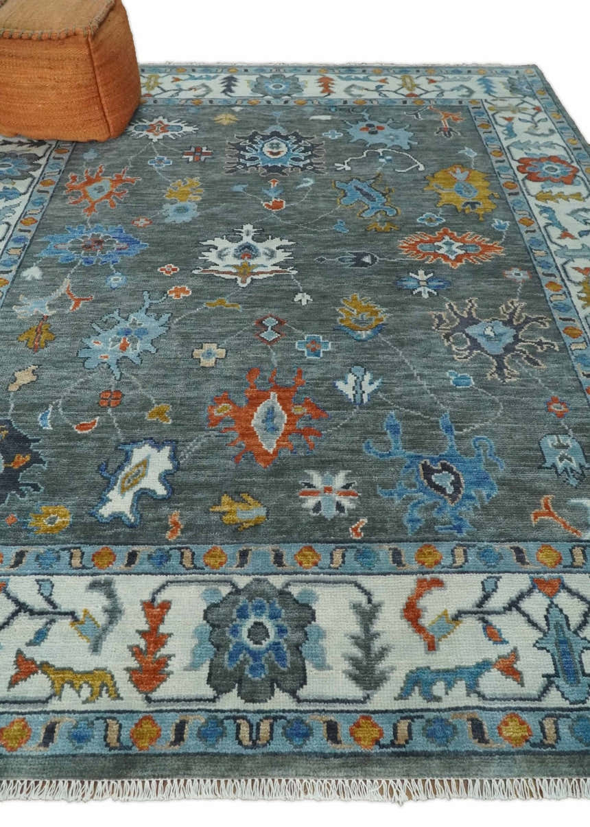 Hand Knotted Charcoal And Ivory Traditional Oushak Wool Area Rug