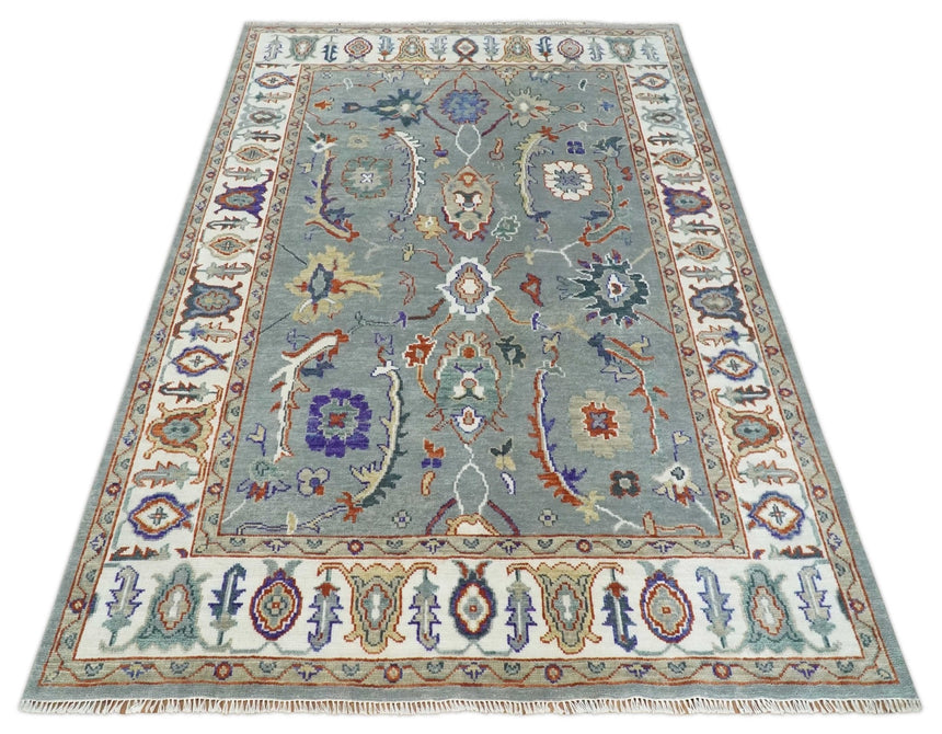 Hand Knotted Gray and Ivory Traditional Oriental Oushak Wool Area Rug