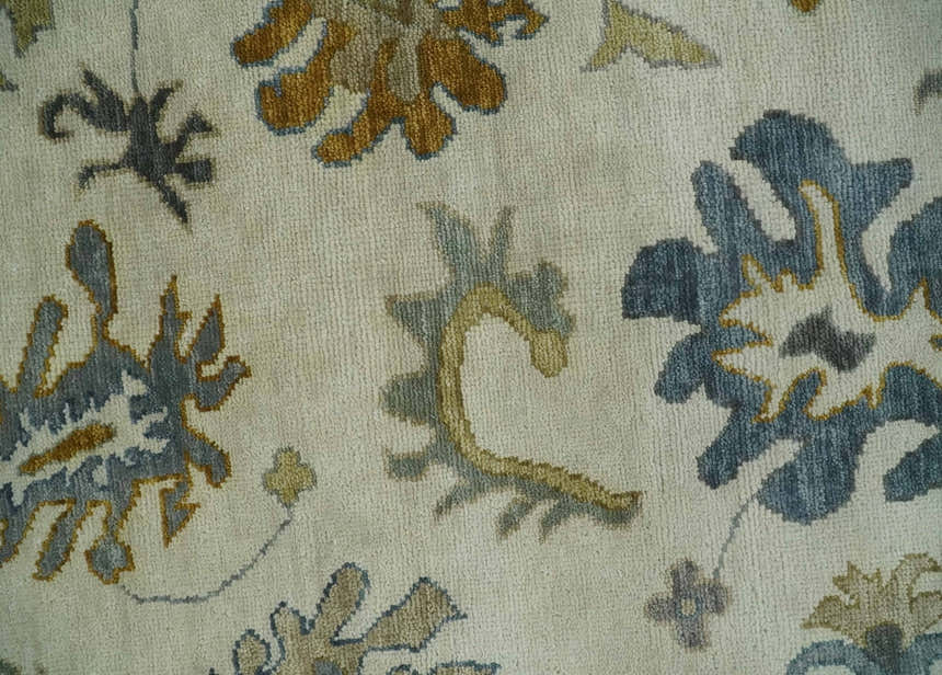 Hand Knotted Ivory, Blue and Brown Traditional Persian Oushak Wool Rug | TRDCP910