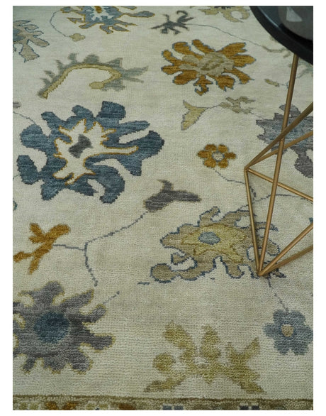 Hand Knotted Ivory, Blue and Brown Traditional Persian Oushak Wool Rug | TRDCP910