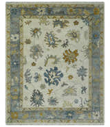 Hand Knotted Ivory, Blue and Brown Traditional Persian Oushak Wool Rug | TRDCP910