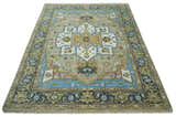 Custom Made Hand Knotted Ivory, Camel and Teal Modern Heriz Serapi Wool Rug