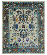 Hand Knotted Ivory, Charcoal and Blue Traditional Oushak Multi size Wool Area Rug