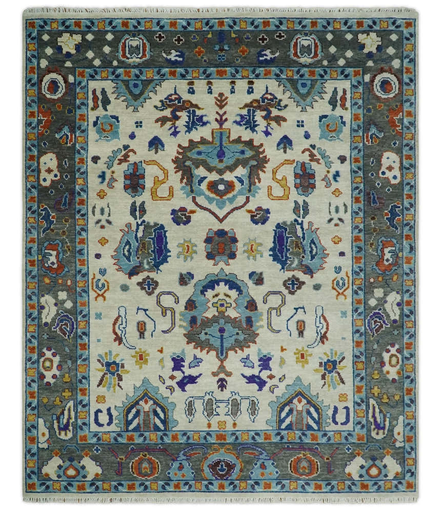 Hand Knotted Ivory, Charcoal and Blue Traditional Oushak Multi size Wool Area Rug