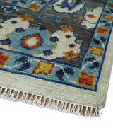 Hand Knotted Ivory, Charcoal and Blue Traditional Oushak Multi size Wool Area Rug