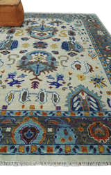 Hand Knotted Ivory, Charcoal and Blue Traditional Oushak Multi size Wool Area Rug