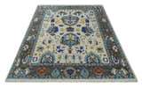 Hand Knotted Ivory, Charcoal and Blue Traditional Oushak Multi size Wool Area Rug