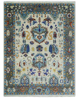 Hand Knotted Ivory, Charcoal and Blue Traditional Oushak Multi size Wool Area Rug