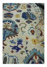 Hand Knotted Ivory, Charcoal and Blue Traditional Oushak Multi size Wool Area Rug