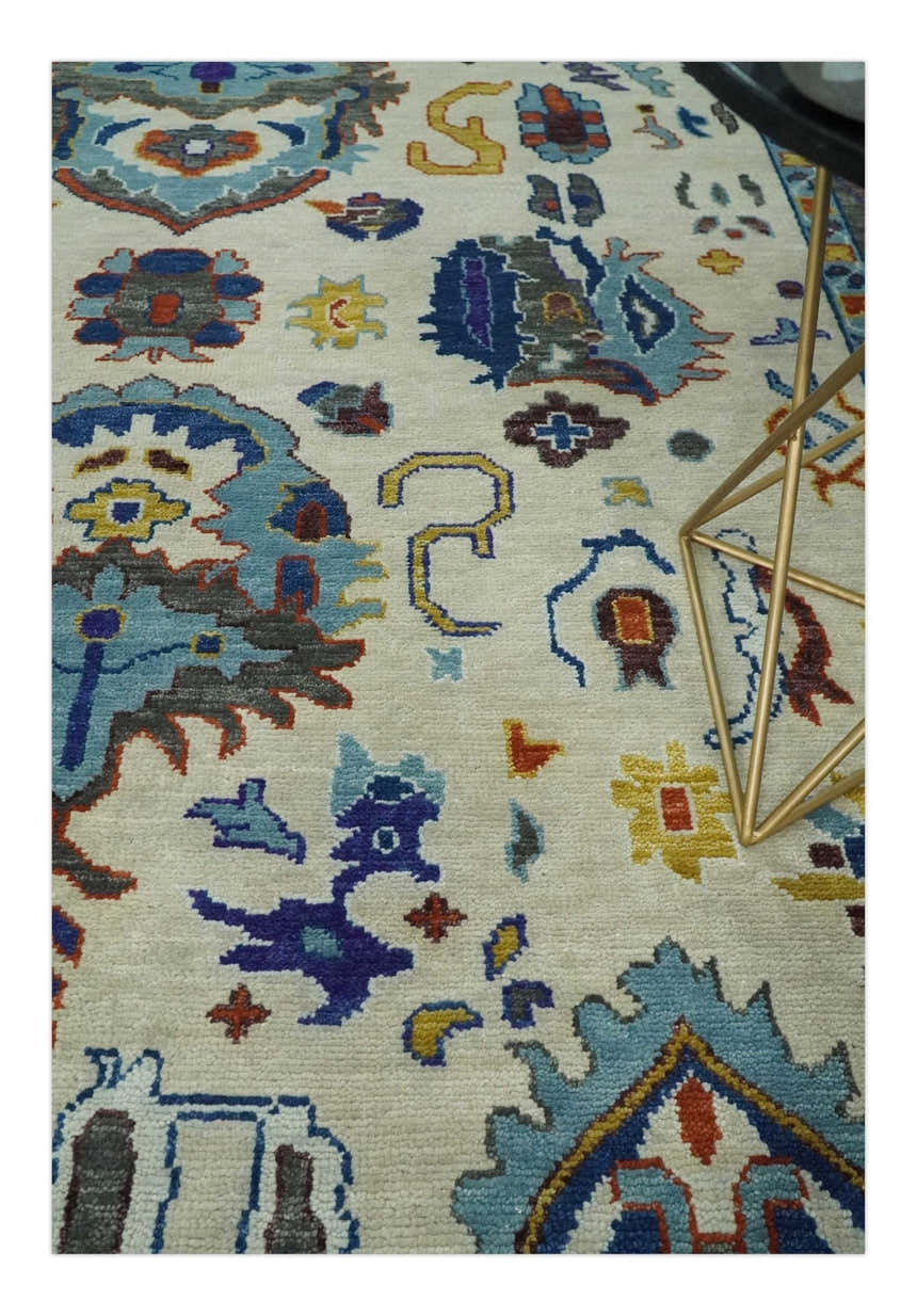Hand Knotted Ivory, Charcoal and Blue Traditional Oushak Multi size Wool Area Rug