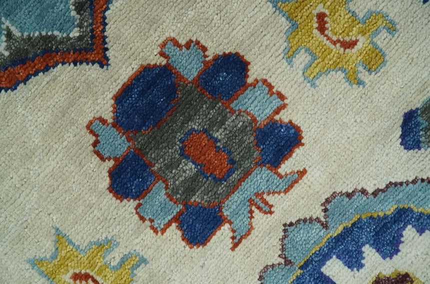 Hand Knotted Ivory, Charcoal and Blue Traditional Oushak Multi size Wool Area Rug