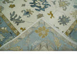 Hand Knotted Ivory, Silver and Blue Traditional Oushak Custom Made Wool Area Rug