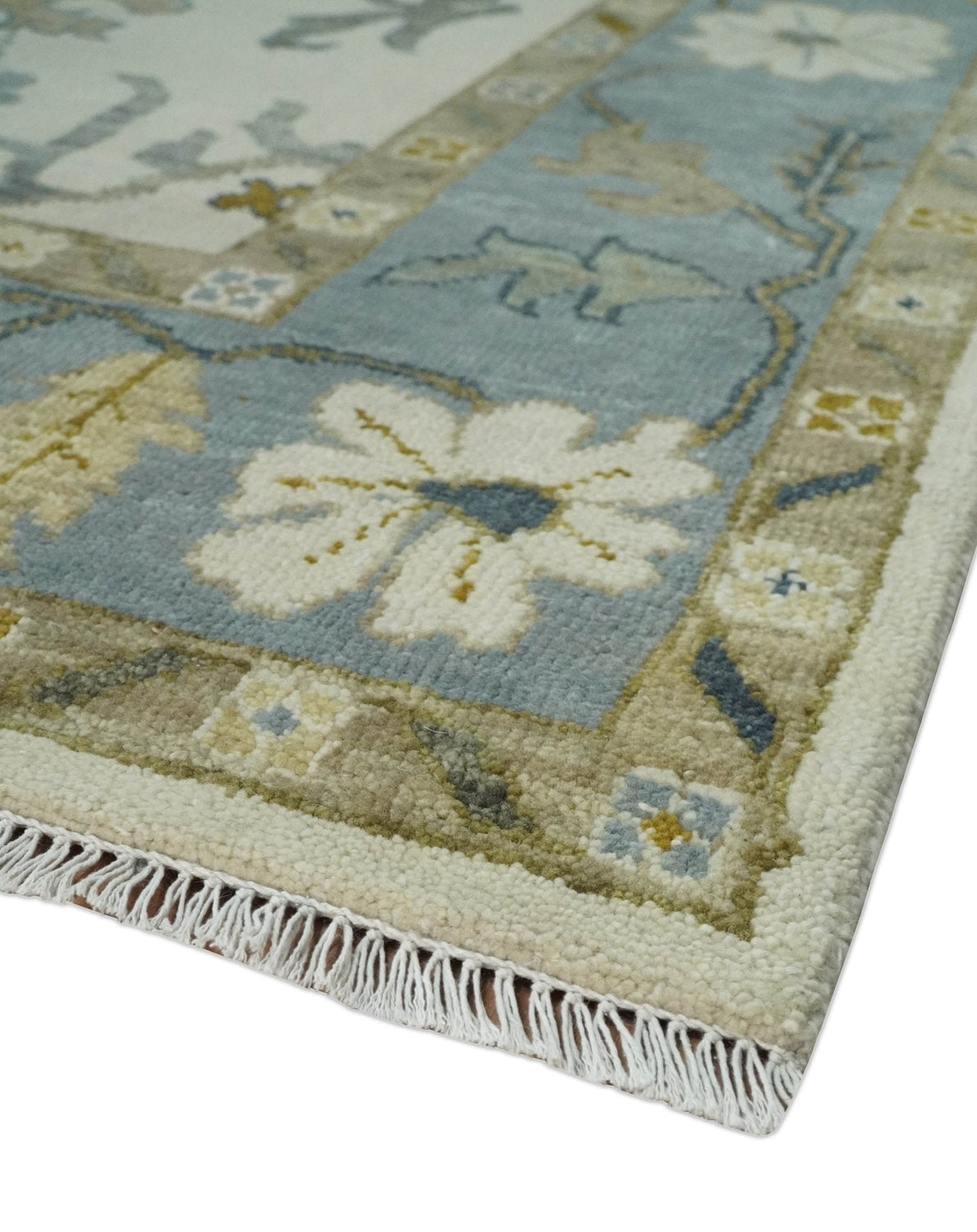 Hand Knotted Ivory, Silver and Blue Traditional Oushak Custom Made Wool Area Rug