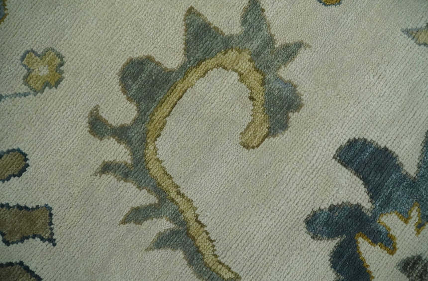 Hand Knotted Ivory, Silver and Blue Traditional Oushak Custom Made Wool Area Rug