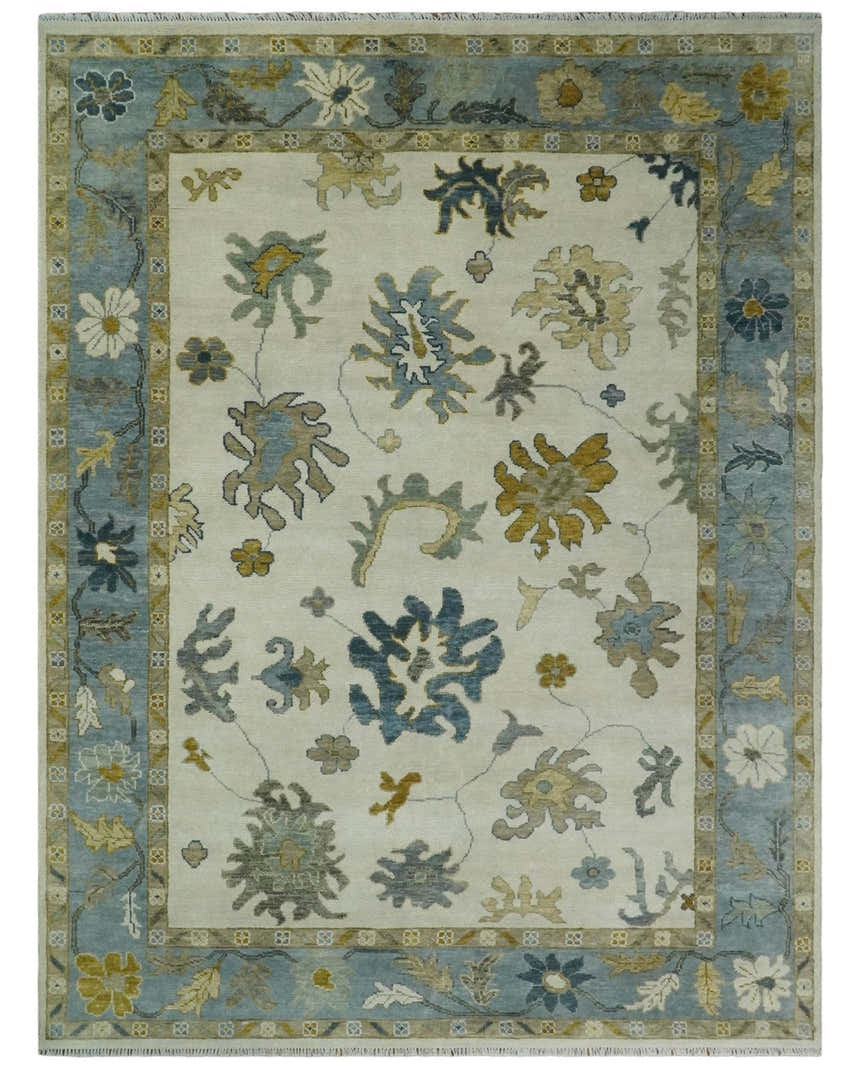 Hand Knotted Ivory, Silver and Blue Traditional Oushak Custom Made Wool Area Rug