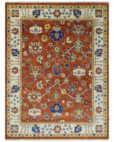 Rust, Ivory and Blue Hand Knotted Oriental Oushak Custom Made wool Area Rug