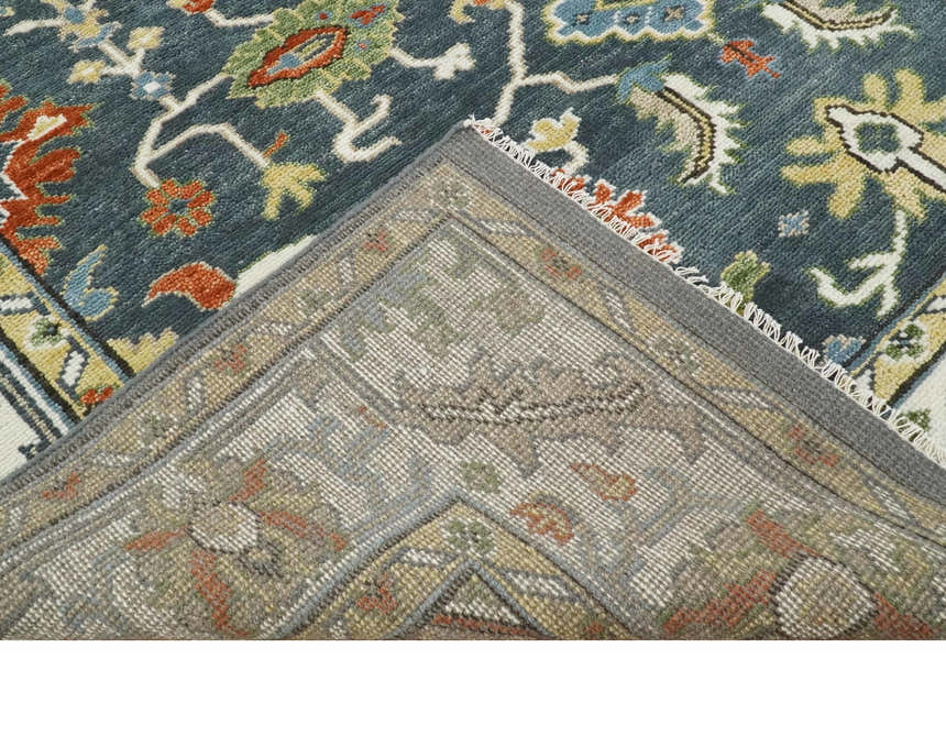 Custom Made Hand Knotted Teal, Blue and Ivory Traditional Oushak Wool Area Rug