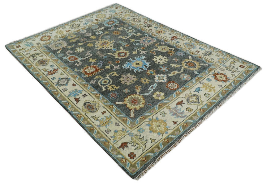 Hand Knotted Gray, Ivory and Olive Traditional Oushak Multi Size Wool Area Rug