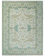 Custom Made Hand Knotted Oriental Oushak Ivory and Light Blue Wool Area Rug