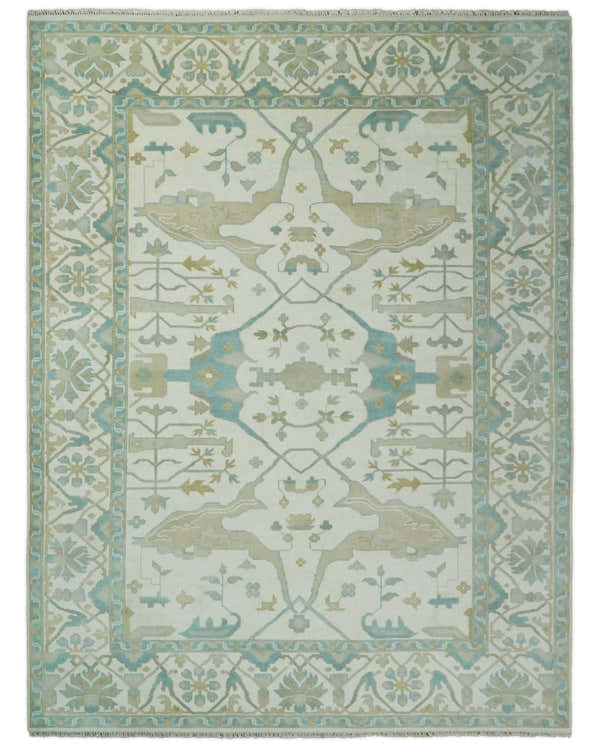 Custom Made Hand Knotted Oriental Oushak Ivory and Light Blue Wool Area Rug
